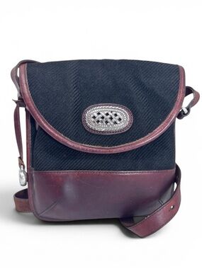 Vintage Brighton Leather & Black Canvas Crossbody Messenger Bag